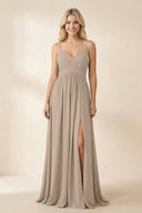Almond Cami Strap Chiffon A-Line Bridesmaid Dress with Slit | KISSBRIDAL