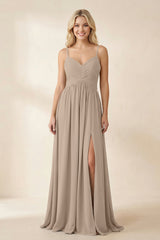 Almond Cami Strap Chiffon A-Line Bridesmaid Dress with Slit | KISSBRIDAL