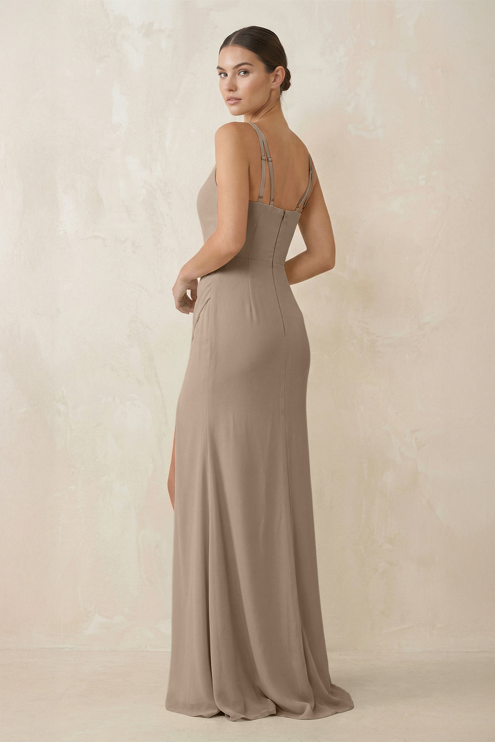Cami Strap Chiffon Sheath Bridesmaid Gown in Almond
