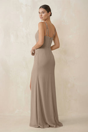 Almond Cami Strap Chiffon Sheath Bridesmaid Gown (2) | KISSBRIDAL