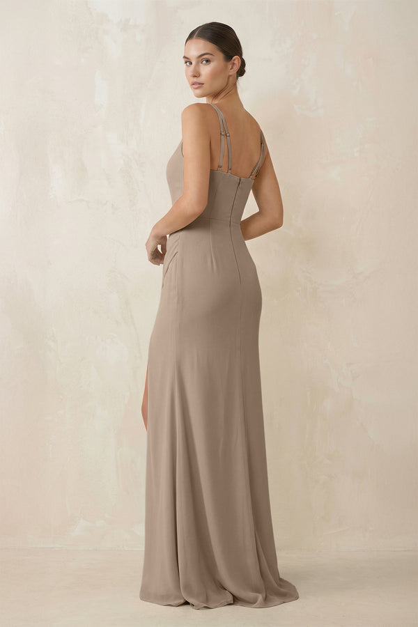 Almond Cami Strap Chiffon Sheath Bridesmaid Gown (2) | KISSBRIDAL