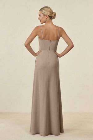 Almond Cami Strap Chiffon Sheath Bridesmaid Gown (2) | KISSBRIDAL