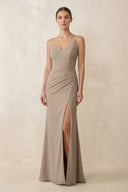 Almond Cami Strap Chiffon Sheath Bridesmaid Gown | KISSBRIDAL