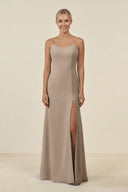 Almond Cami Strap Chiffon Sheath Bridesmaid Gown | KISSBRIDAL