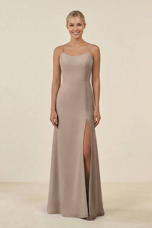 Almond Cami Strap Chiffon Sheath Bridesmaid Gown | KISSBRIDAL