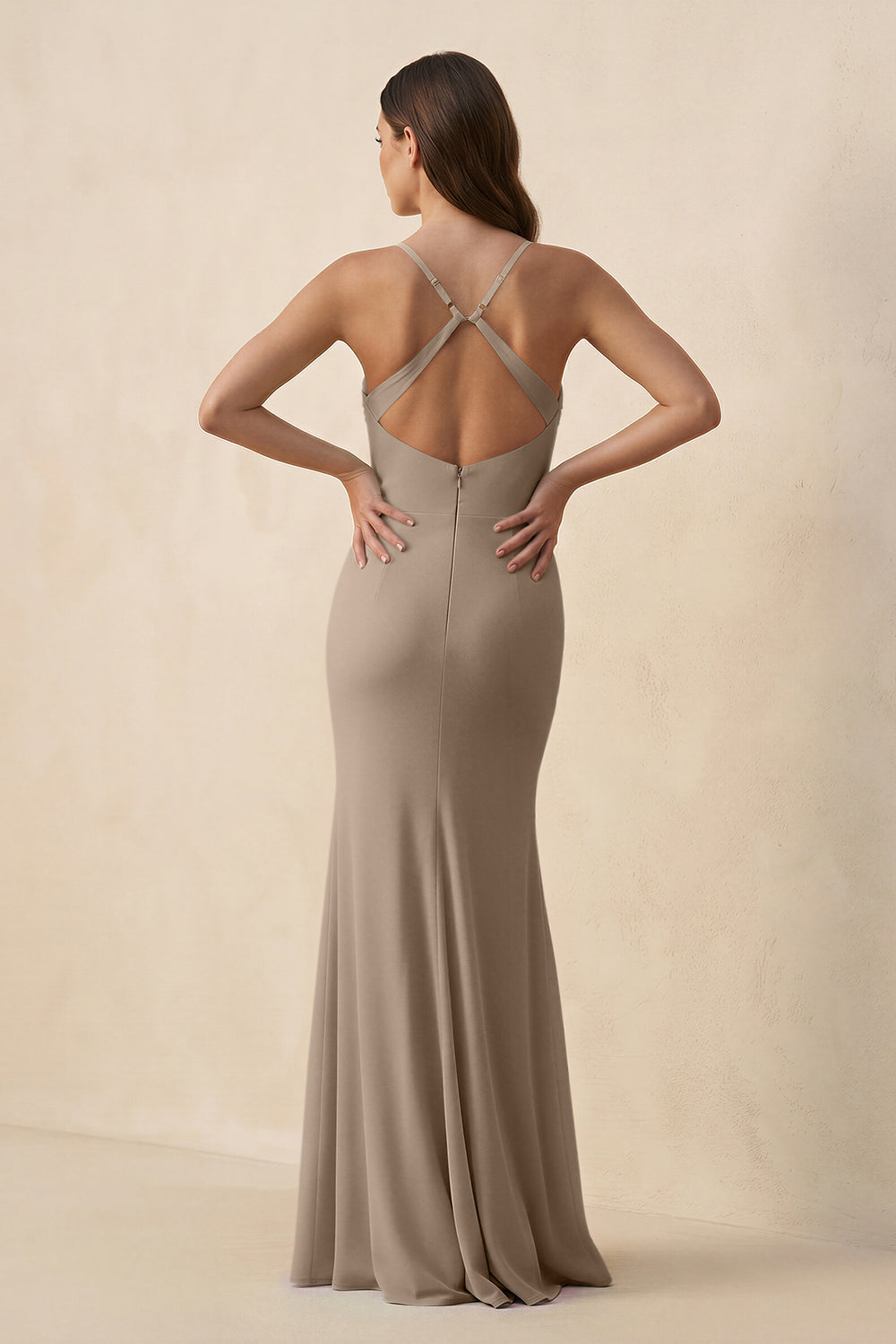 Cami Strap Sheath Chiffon Bridesmaid Dress with Slit in Almond