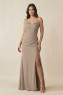 Almond Cami Strap Sheath Chiffon Bridesmaid Dress with Slit | KISSBRIDAL