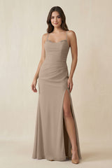 Almond Cami Strap Sheath Chiffon Bridesmaid Dress with Slit | KISSBRIDAL