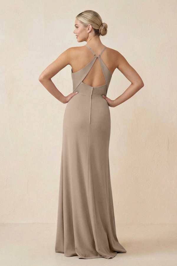 Almond Cami Strap Sheath Ruched Bridesmaid Dress With Slit (2) | KISSBRIDAL