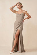 Almond Cami Strap Sheath Ruched Bridesmaid Dress With Slit | KISSBRIDAL