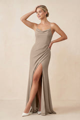Almond Cami Strap Sheath Ruched Bridesmaid Dress With Slit | KISSBRIDAL