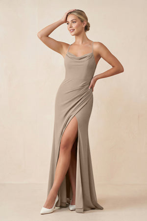 Almond Cami Strap Sheath Ruched Bridesmaid Dress With Slit | KISSBRIDAL