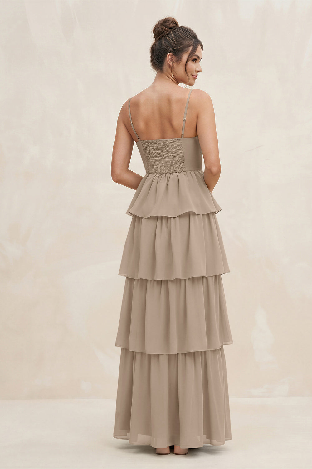 Cami Strap Tiered A-Line Chiffon Bridesmaid Dress in Almond