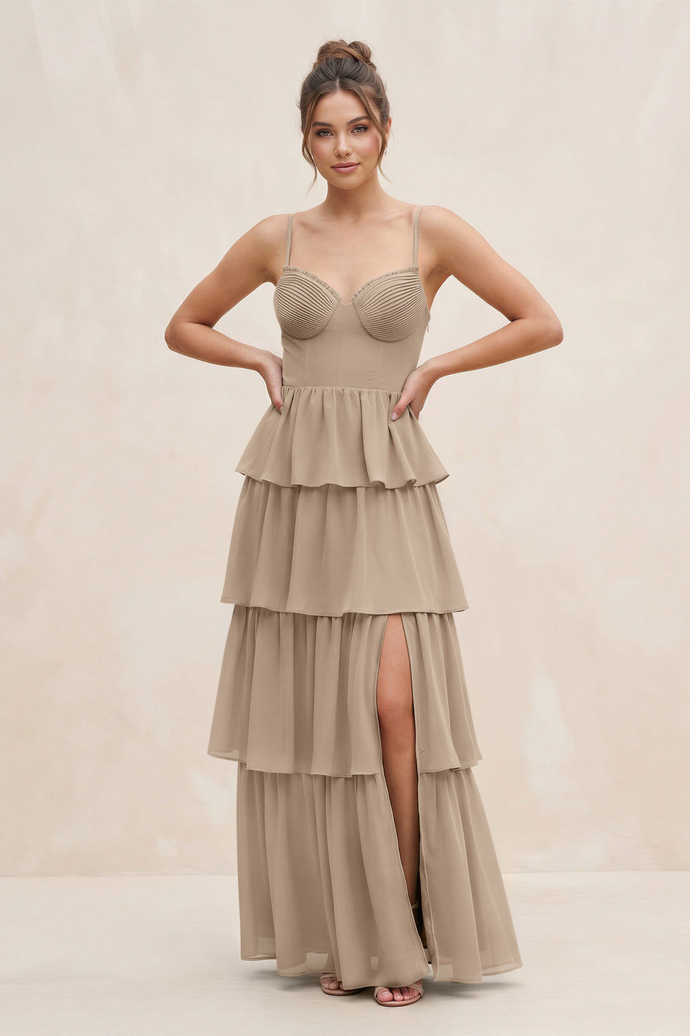 Cami Strap Tiered A-Line Chiffon Bridesmaid Dress in Almond
