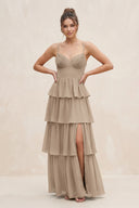 Almond Cami Strap Tiered A-Line Chiffon Bridesmaid Dress | KISSBRIDAL