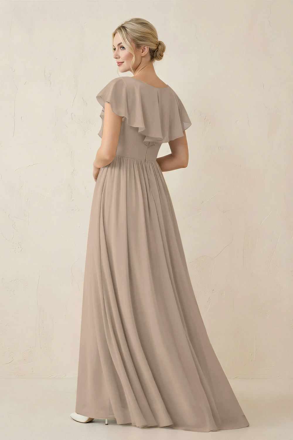 Cap Sleeve A-Line Ruffled Chiffon Bridesmaid Dress in Almond