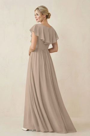 Almond Cap Sleeve A-Line Ruffled Chiffon Bridesmaid Dress (2) | KISSBRIDAL