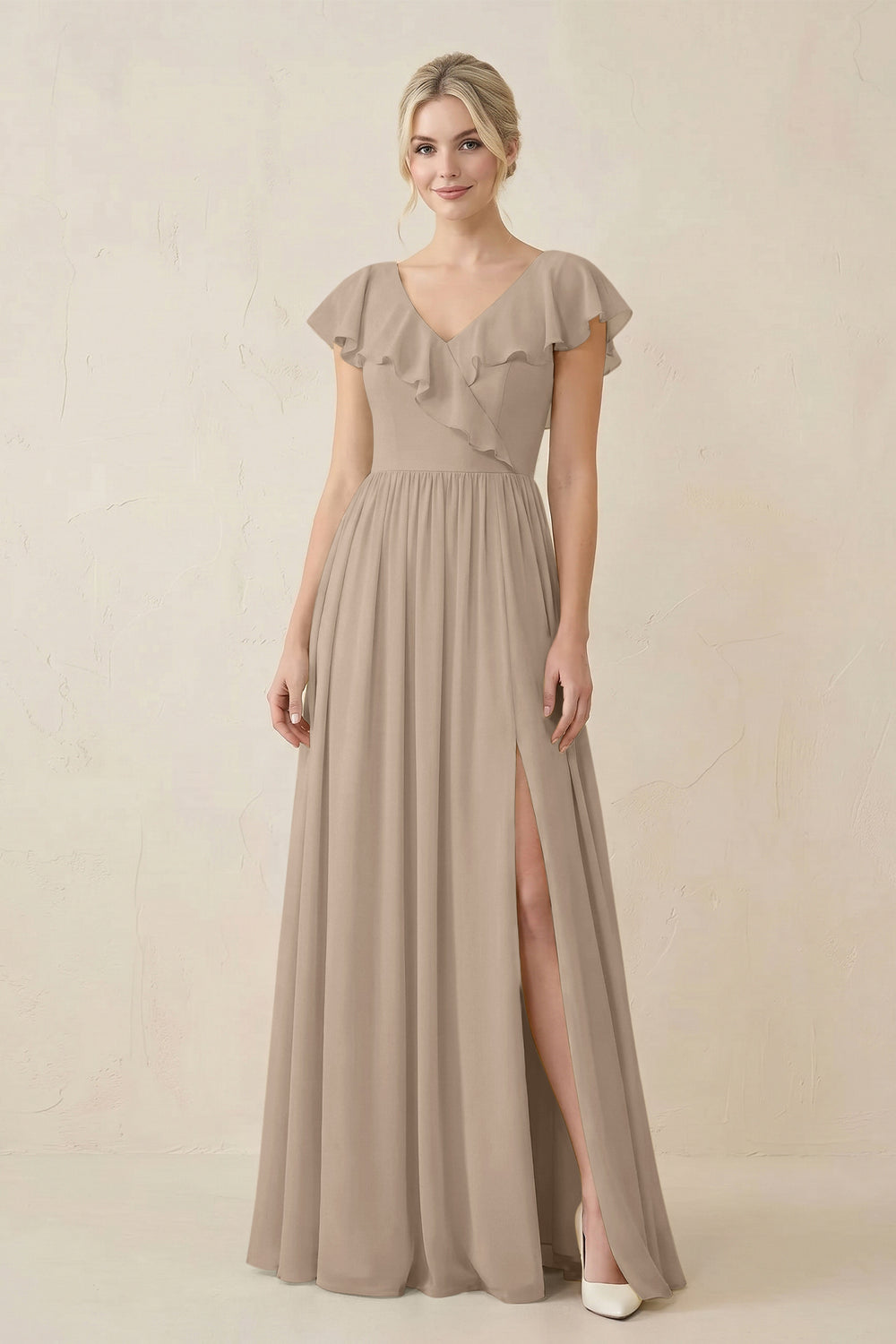 Cap Sleeve A-Line Ruffled Chiffon Bridesmaid Dress in Almond