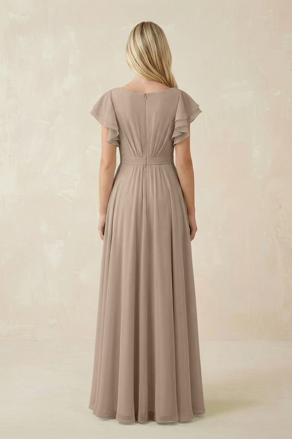 Almond Cap Sleeve Ruffled A-Line Chiffon Bridesmaid Dress (2) | KISSBRIDAL