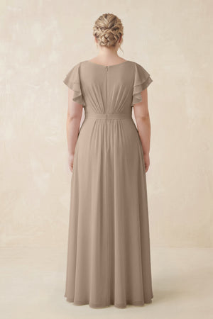 Almond Cap Sleeve Ruffled A-Line Chiffon Bridesmaid Dress (2) | KISSBRIDAL