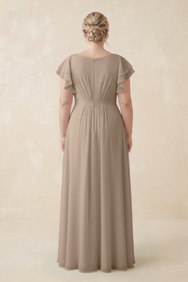 Almond Cap Sleeve Ruffled A-Line Chiffon Bridesmaid Dress (2) | KISSBRIDAL