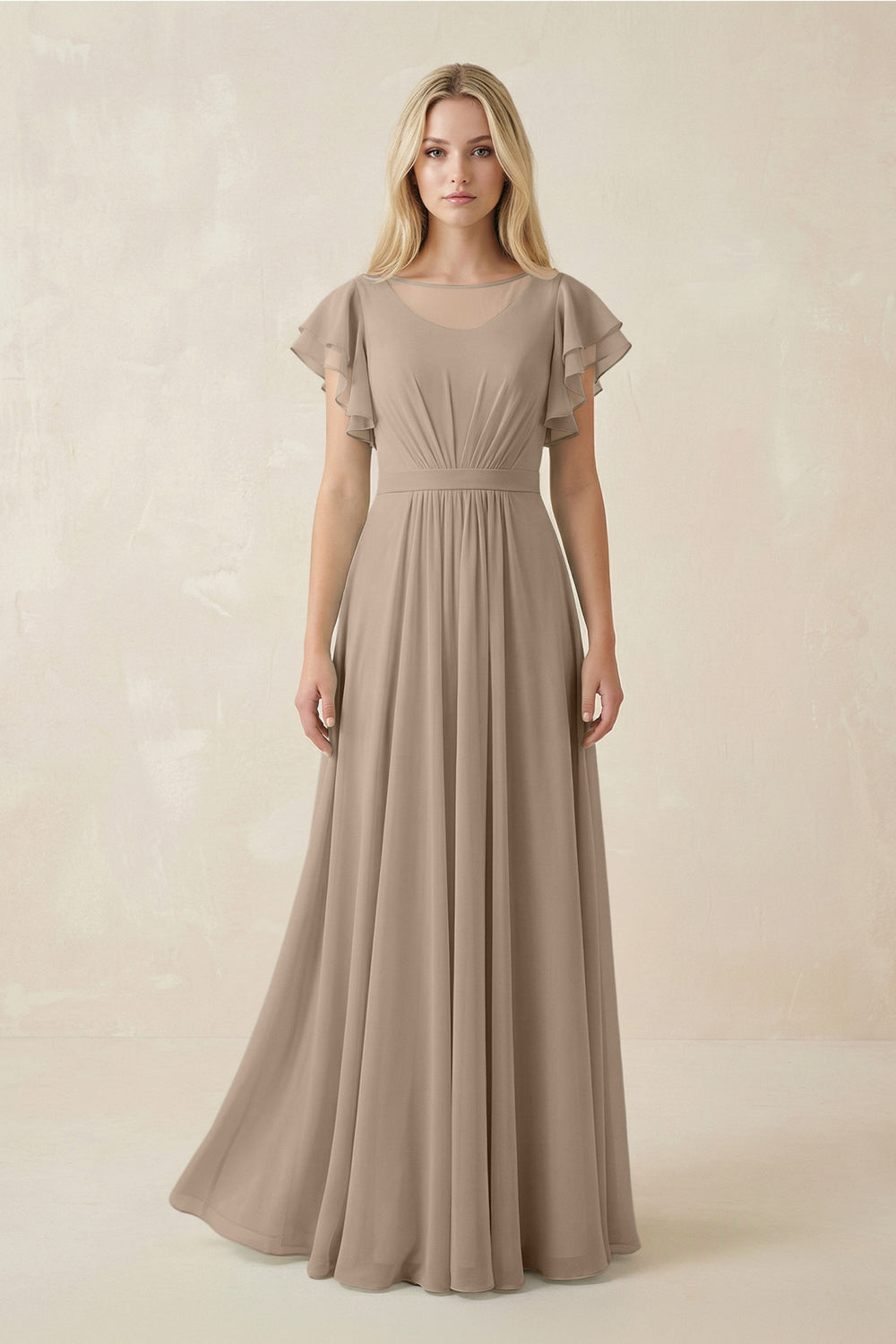 Cap Sleeve Ruffled A-Line Chiffon Bridesmaid Dress in Almond