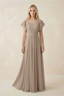 Almond Cap Sleeve Ruffled A-Line Chiffon Bridesmaid Dress | KISSBRIDAL