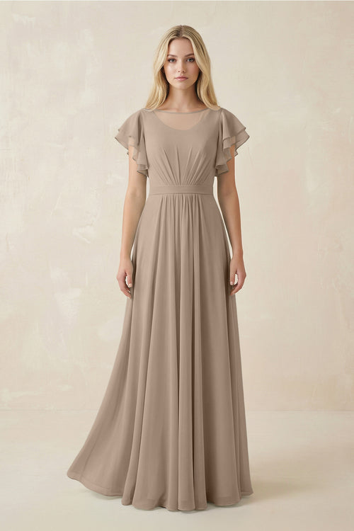Almond Cap Sleeve Ruffled A-Line Chiffon Bridesmaid Dress | KISSBRIDAL