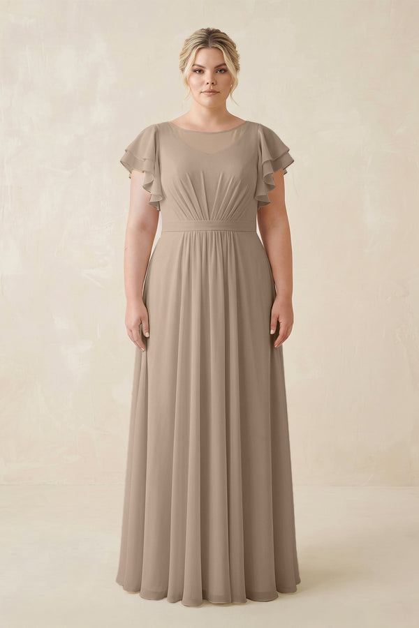 Almond Cap Sleeve Ruffled A-Line Chiffon Bridesmaid Dress | KISSBRIDAL