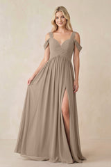 Almond Chiffon A-Line Bridesmaid Dress with Slit | KISSBRIDAL