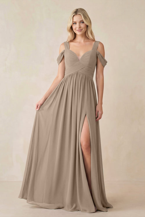 Almond Chiffon A-Line Bridesmaid Dress with Slit | KISSBRIDAL