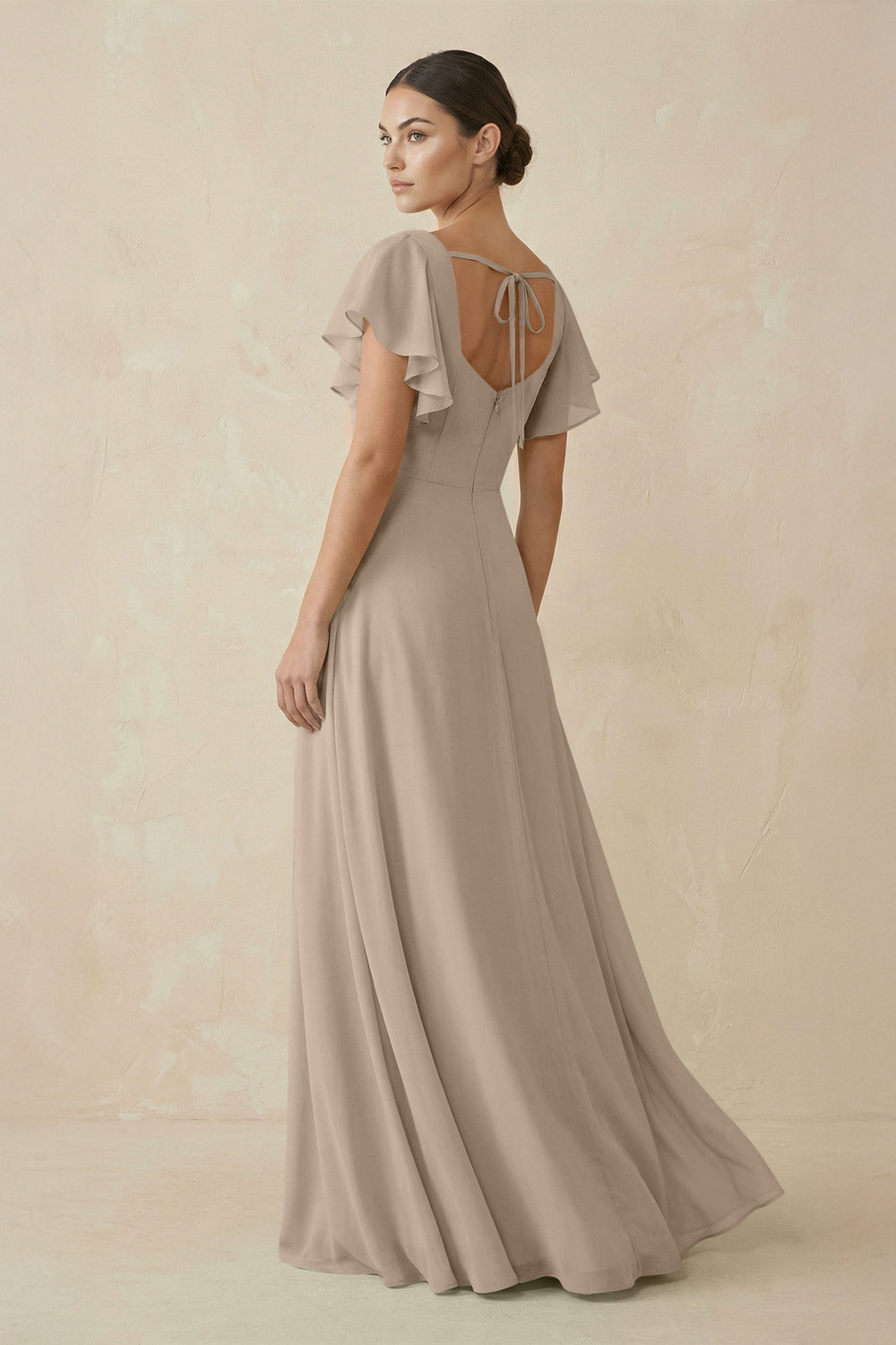 Chiffon A-Line Long Bridesmaid Dress with Flutter Sleeves in Almond