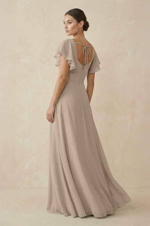 Almond Chiffon A-Line Long Bridesmaid Dress with Flutter Sleeves (2) | KISSBRIDAL