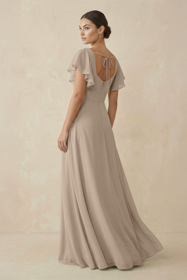 Almond Chiffon A-Line Long Bridesmaid Dress with Flutter Sleeves (2) | KISSBRIDAL