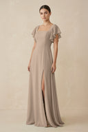 Almond Chiffon A-Line Long Bridesmaid Dress with Flutter Sleeves | KISSBRIDAL