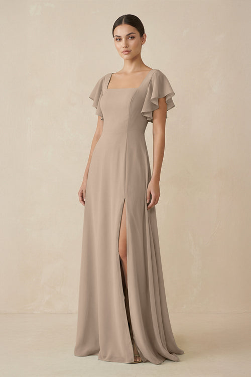Almond Chiffon A-Line Long Bridesmaid Dress with Flutter Sleeves | KISSBRIDAL