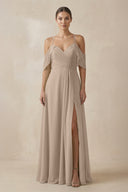 Almond Chiffon A-Line Long Bridesmaid Dress | KISSBRIDAL