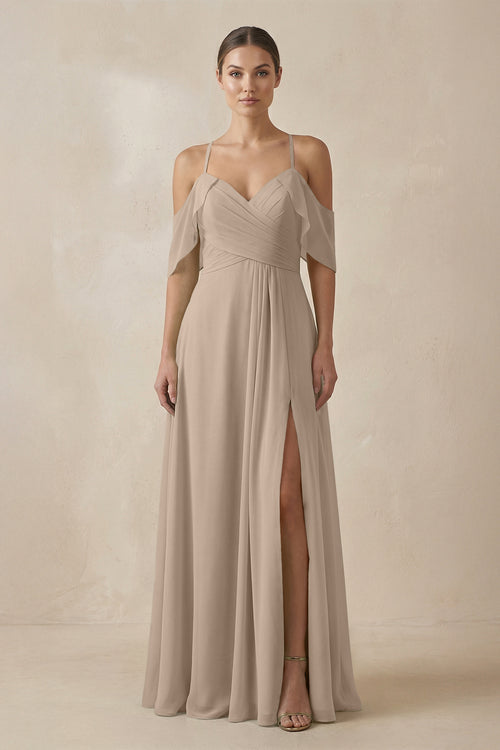 Almond Chiffon A-Line Long Bridesmaid Dress | KISSBRIDAL