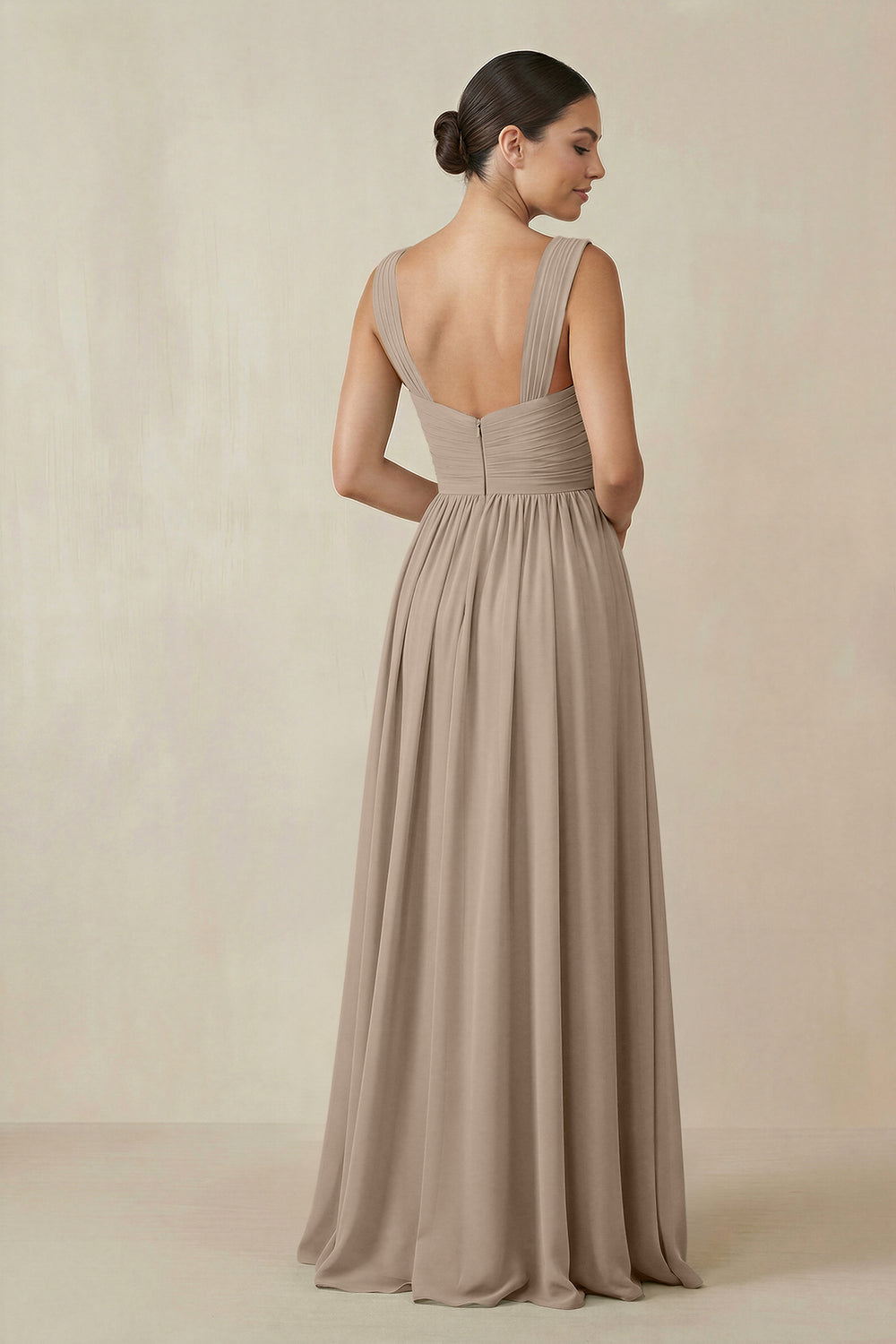Chiffon A-Line Pleated Bridesmaid Dress in Almond