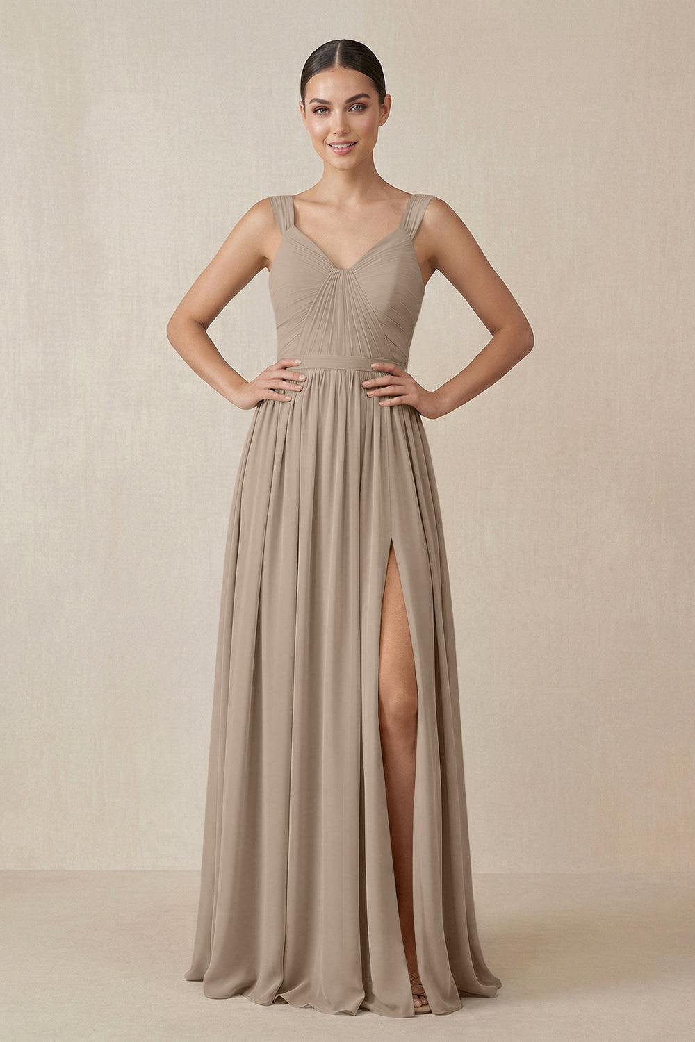 Chiffon A-Line Pleated Bridesmaid Dress in Almond