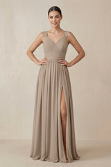 Almond Chiffon A-Line Pleated Bridesmaid Dress | KISSBRIDAL