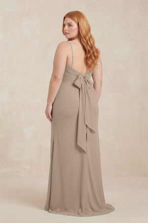 Almond Cowl Neck Sheath Chiffon Bridesmaid Dress with Corset (2) | KISSBRIDAL