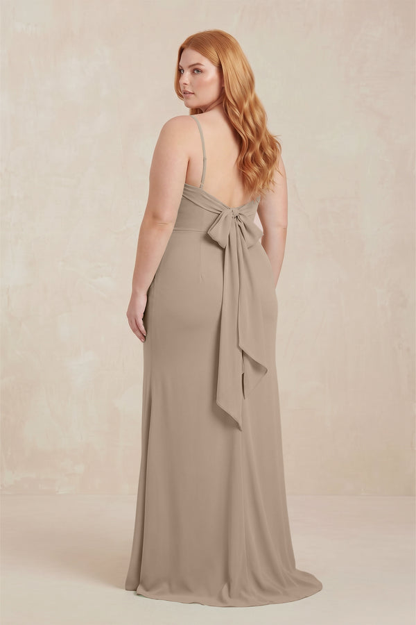 Almond Cowl Neck Sheath Chiffon Bridesmaid Dress with Corset (2) | KISSBRIDAL