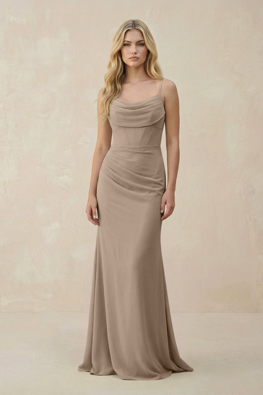 Cowl Neck Sheath Chiffon Bridesmaid Dress with Corset in Almond
