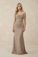 Almond Cowl Neck Sheath Chiffon Bridesmaid Dress with Corset | KISSBRIDAL