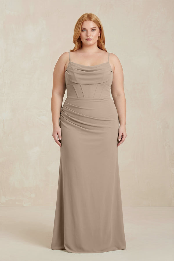 Almond Cowl Neck Sheath Chiffon Bridesmaid Dress with Corset | KISSBRIDAL