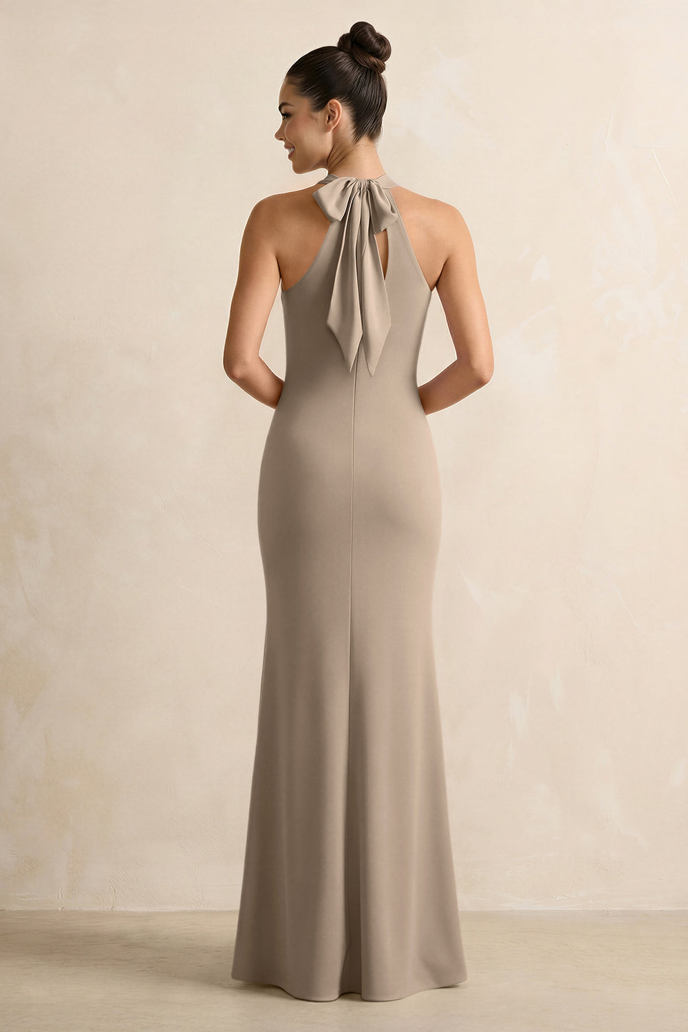 Crisscross Halter Sheath Satin Bridesmaid Dress with Bow in Almond