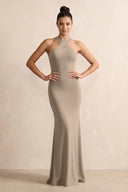Almond Crisscross Halter Sheath Satin Bridesmaid Dress with Bow | KISSBRIDAL