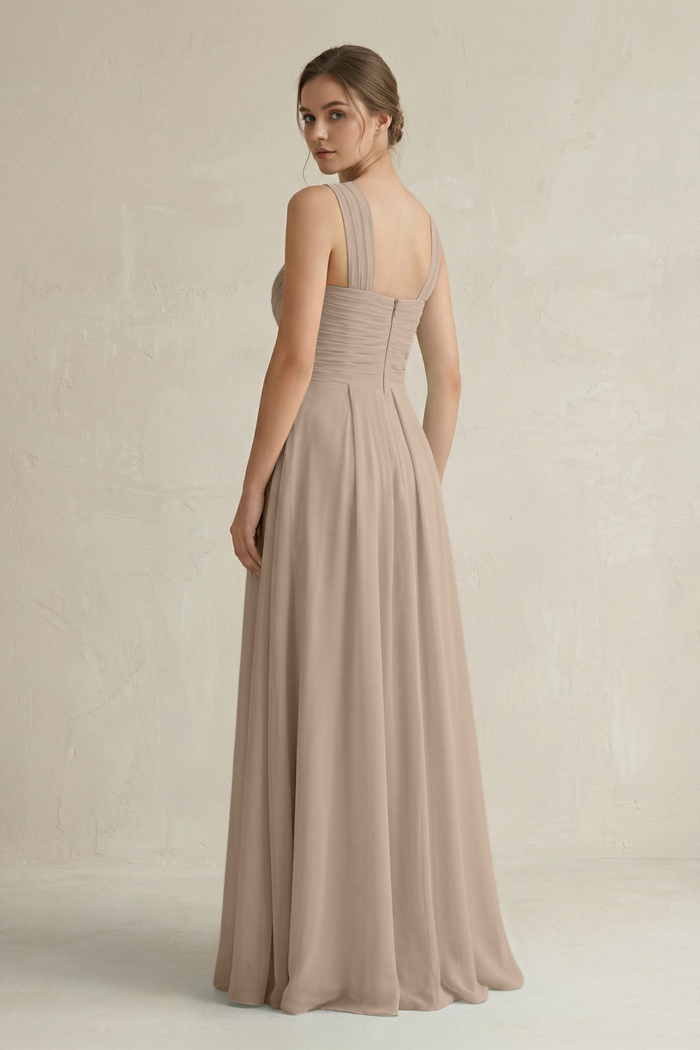 Cross Halter Chiffon A-Line Pleated Bridesmaid Dress in Almond