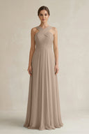 Almond Cross Halter Chiffon A-Line Pleated Bridesmaid Dress | KISSBRIDAL